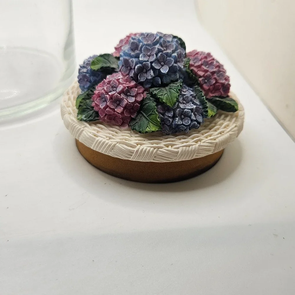 Vintage Glass Canister Jar Hydrangea Floral Resin Lid Cottagecore 8